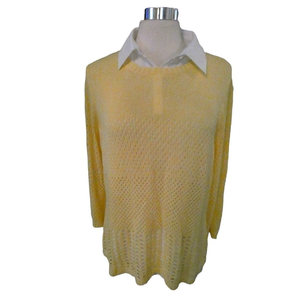 Women's Butter Yellow White Pullover Blouse collared Sz XL NWT academia pastel